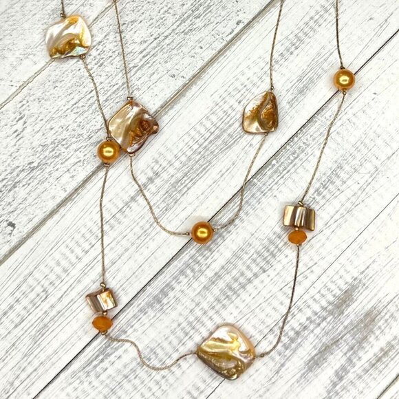 Seashell Beaded Necklace Double Strand Gold Tone Fall Tones - Picture 3 of 4